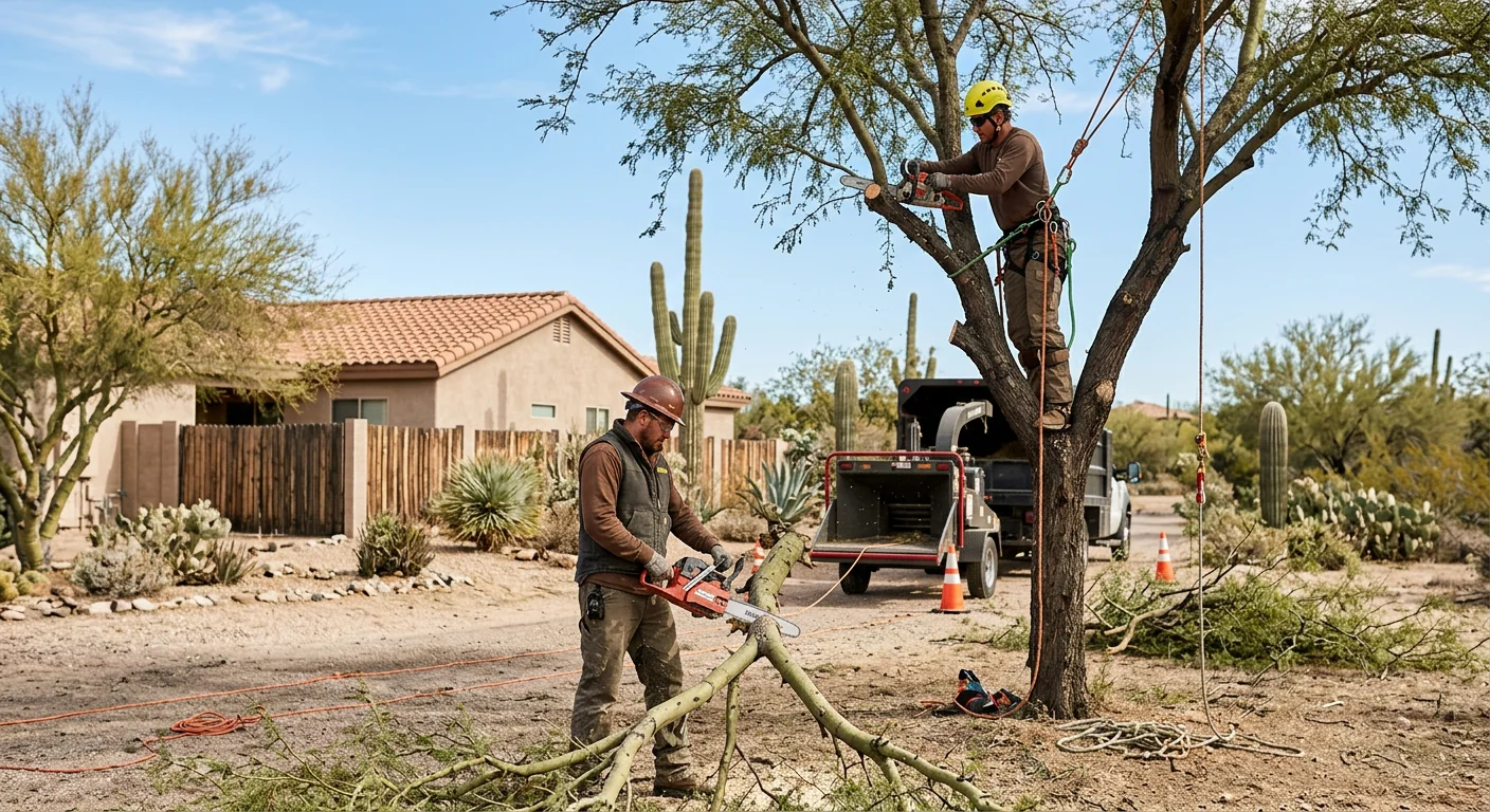 Tree removal crew rigging a large tree on a desert Cave Creek property