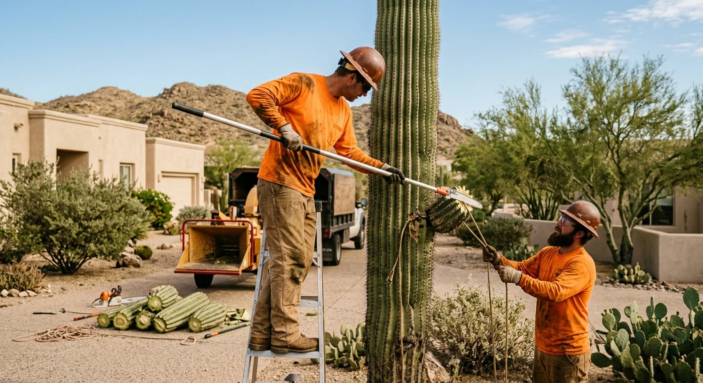 Certified evaluator measuring trunk defects and documenting findings on a Cave Creek property