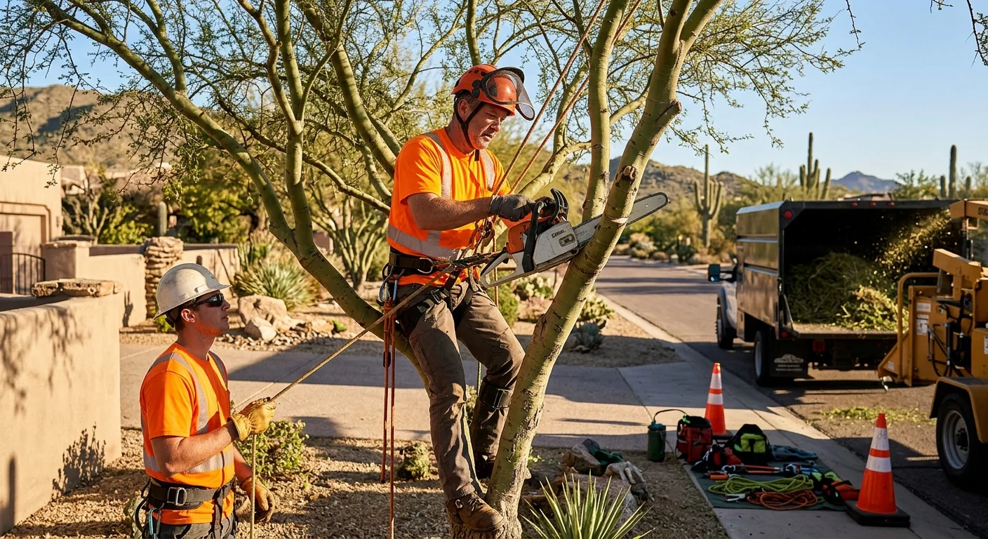 Arborist inspecting a mature desert tree during a risk assessment in Cave Creek