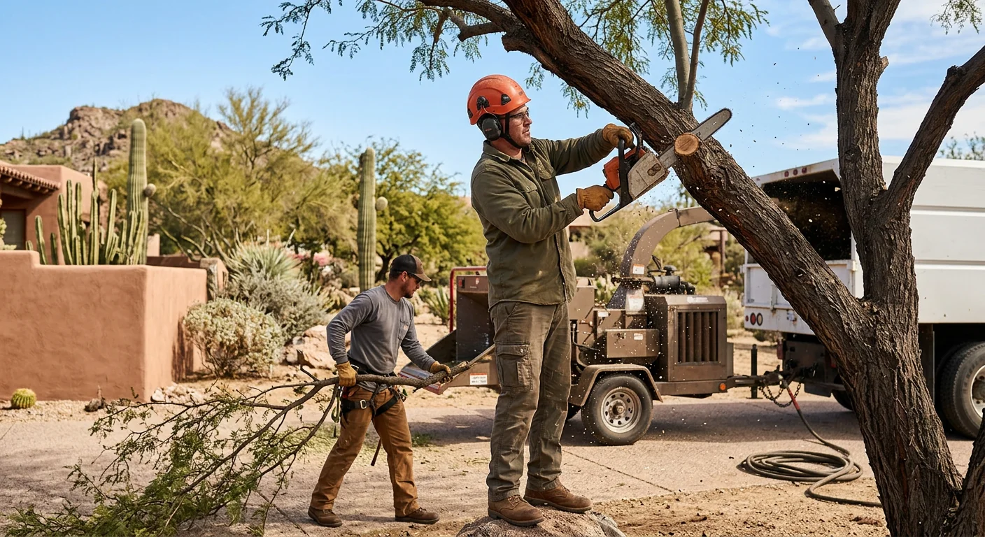 Arborist inspecting a mature desert tree canopy on a Cave Creek residential property