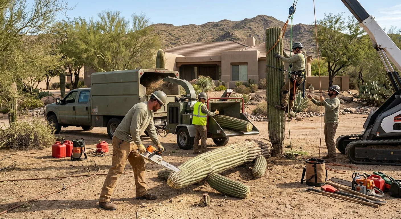 Arborist inspecting a mature desert tree during a risk assessment in Cave Creek