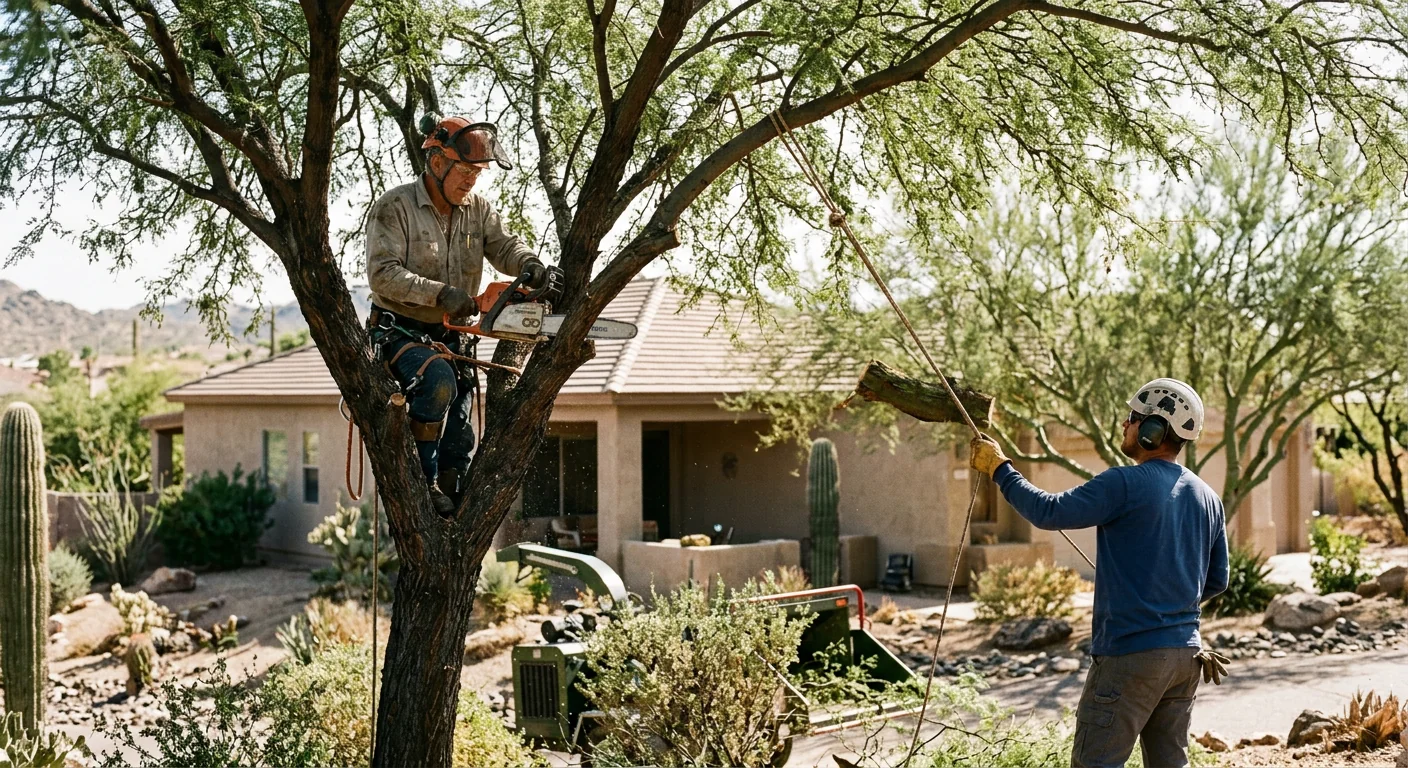 Tree service crew coordinating scheduled work in a Cave Creek desert neighborhood