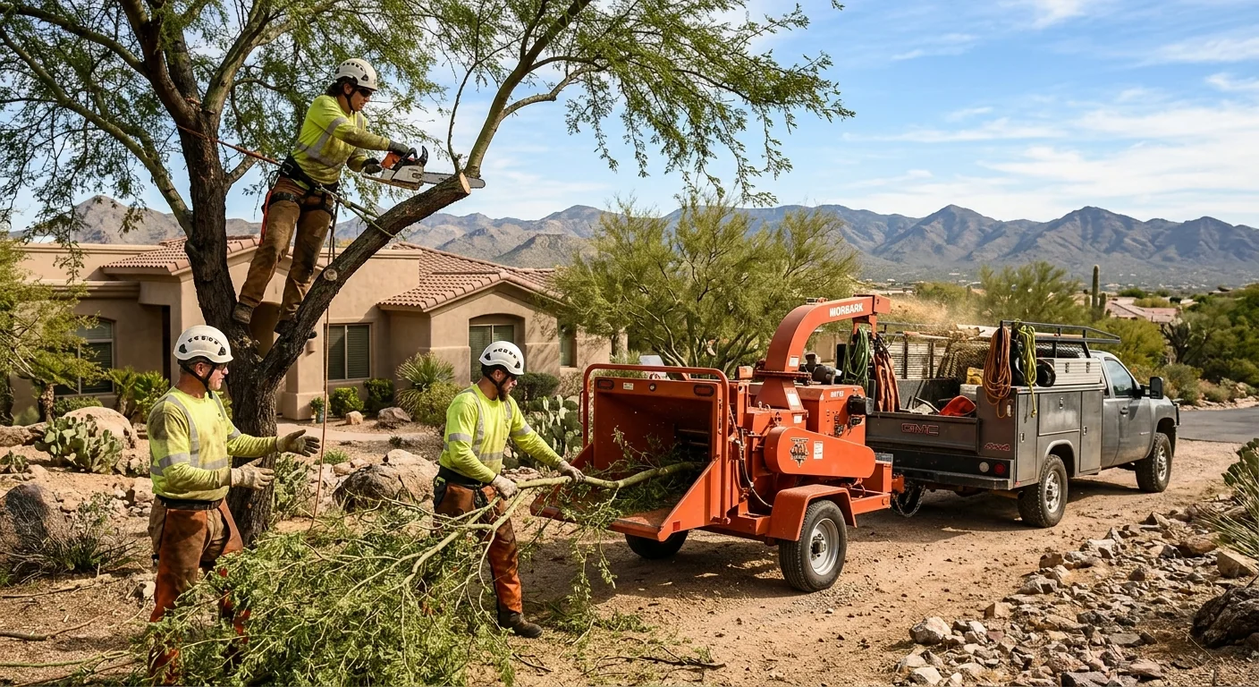 Arborist inspecting a mature desert tree on a Cave Creek residential property