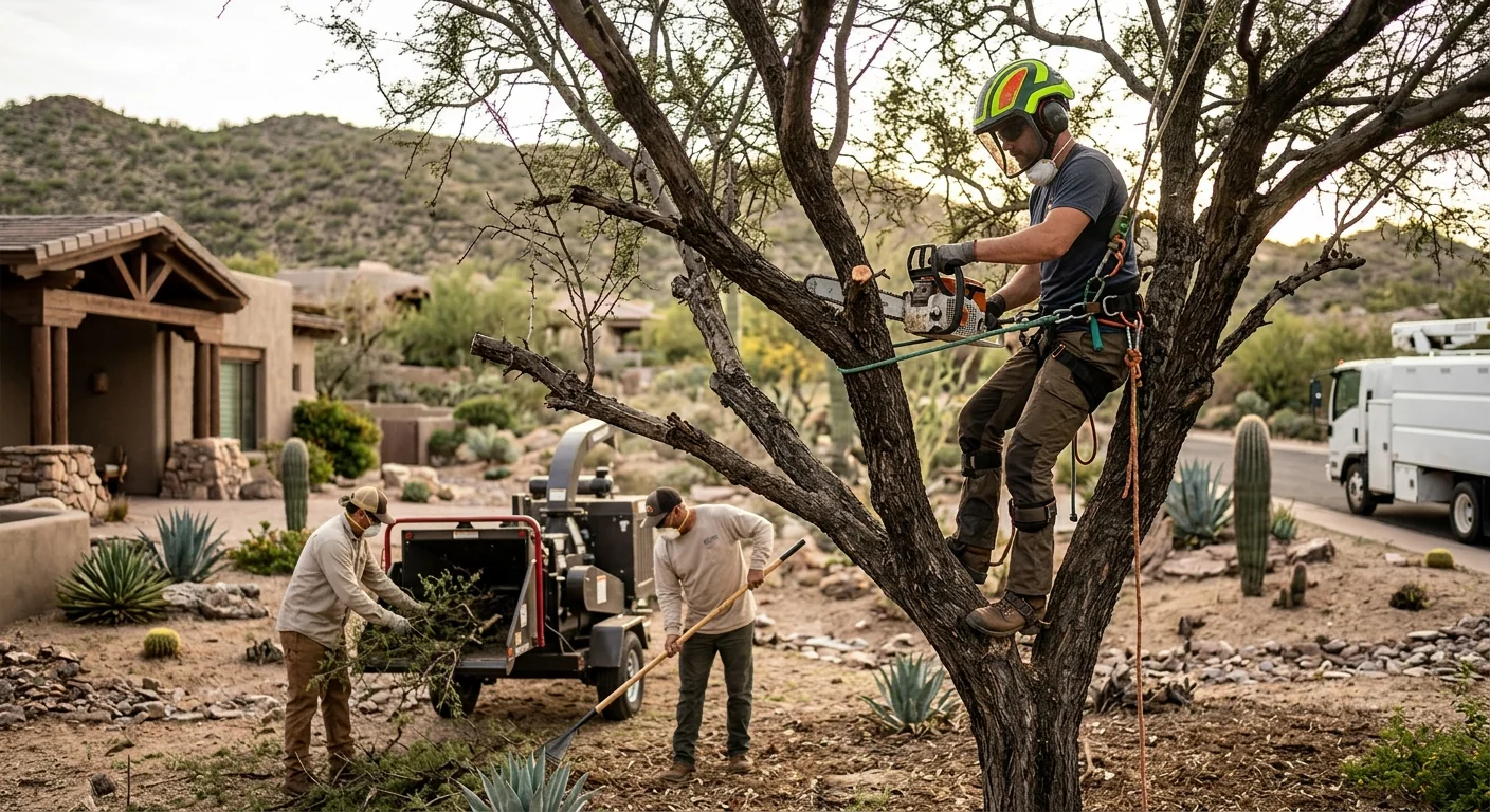 Arborist reviewing a written estimate with a homeowner beside a trimmed desert tree