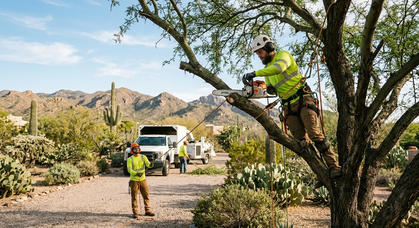Arborist reviewing tree removal cost estimate with homeowner on a Cave Creek desert property