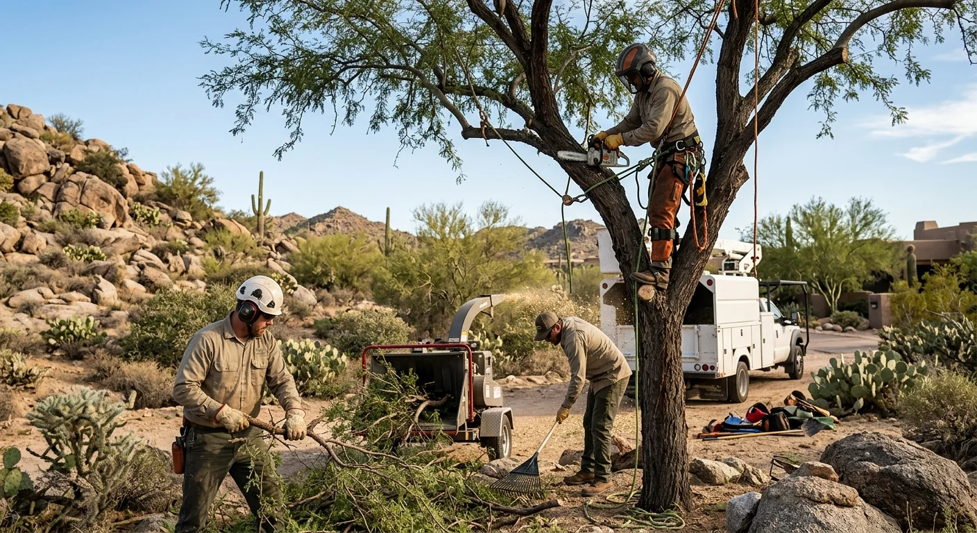 Tree crew preparing climbing lines and rigging gear on a desert hillside lot