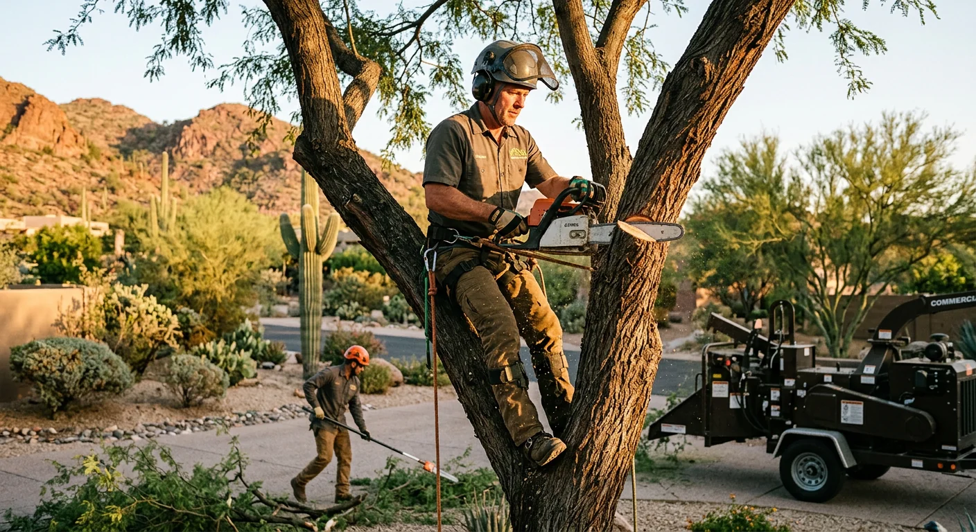 Arborist reviewing tree removal estimate with homeowner at a Cave Creek property