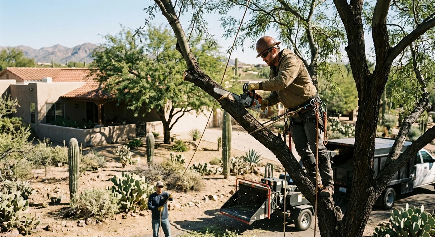 Arborist reviewing tree service plan with homeowner outside a Cave Creek desert property