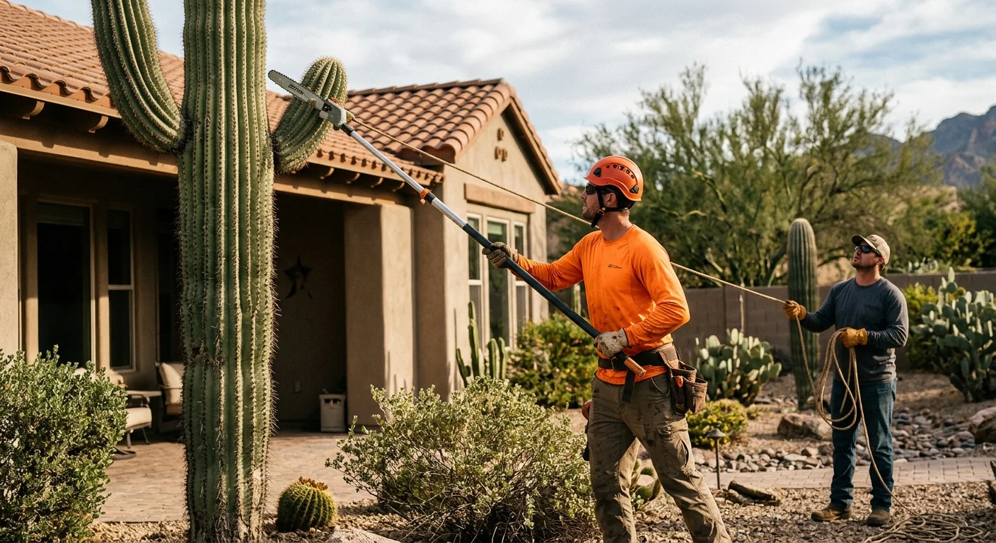 Homeowner and arborist discussing tree care questions beside a shaded desert yard