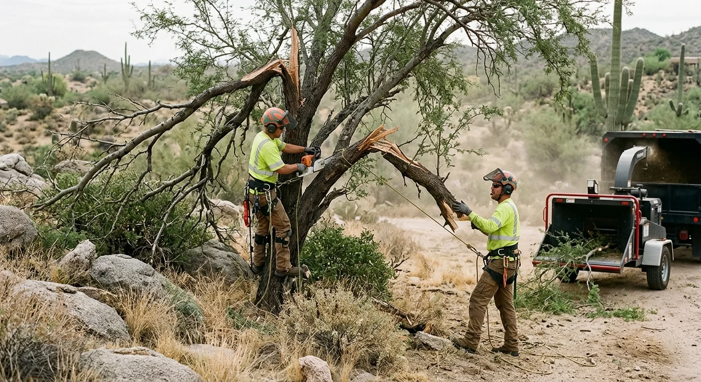 Storm-damaged mesquite with broken limbs on a Cave Creek desert property