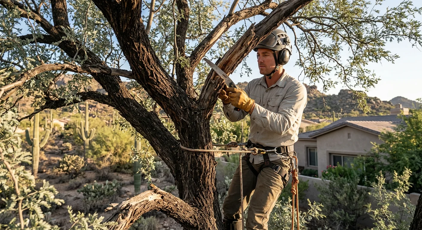 Arborist inspecting deadwood and crown health on a mature desert tree