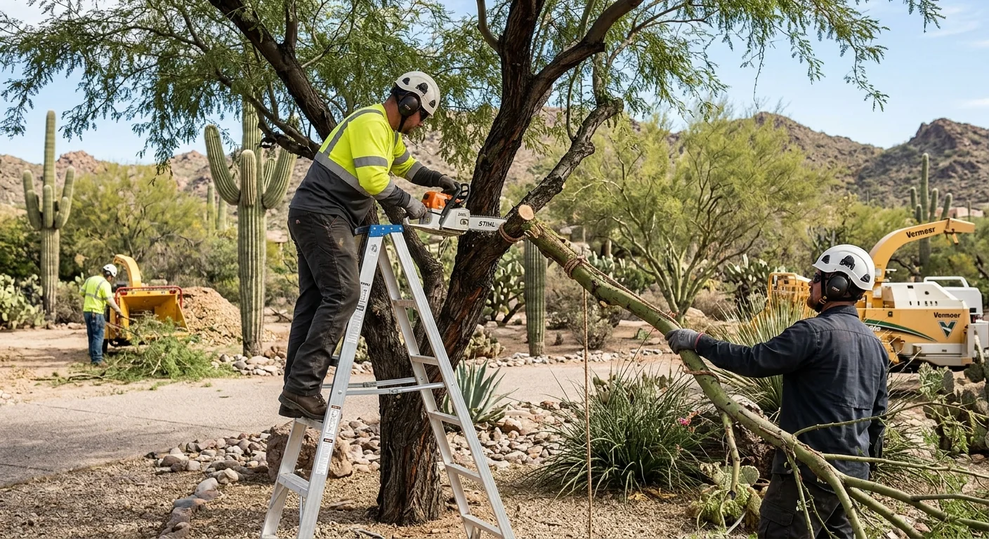 Tree service crew loading equipment for a Cave Creek response call