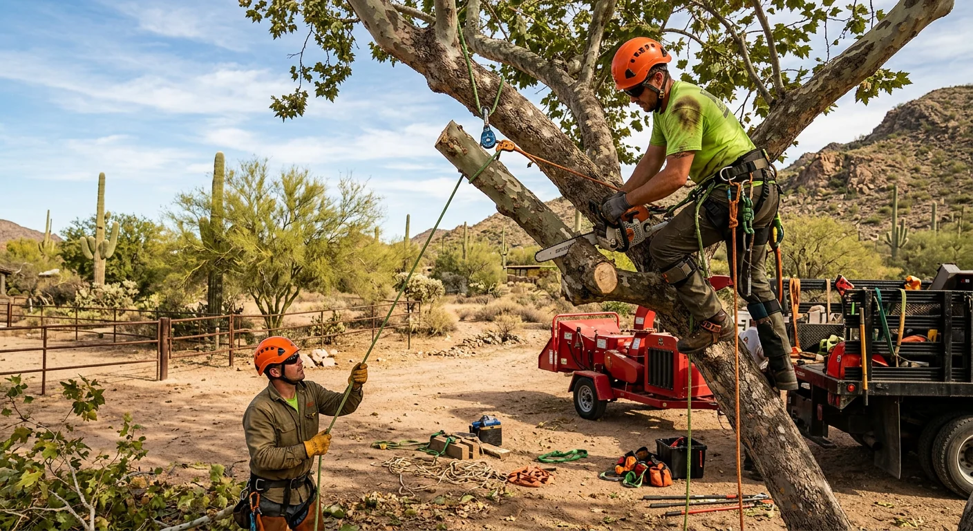Tree service crew performing rigging removal on a mature tree in Cave Creek