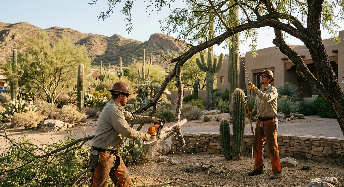 Experienced crew performing crane-assisted tree removal on a Cave Creek acreage lot