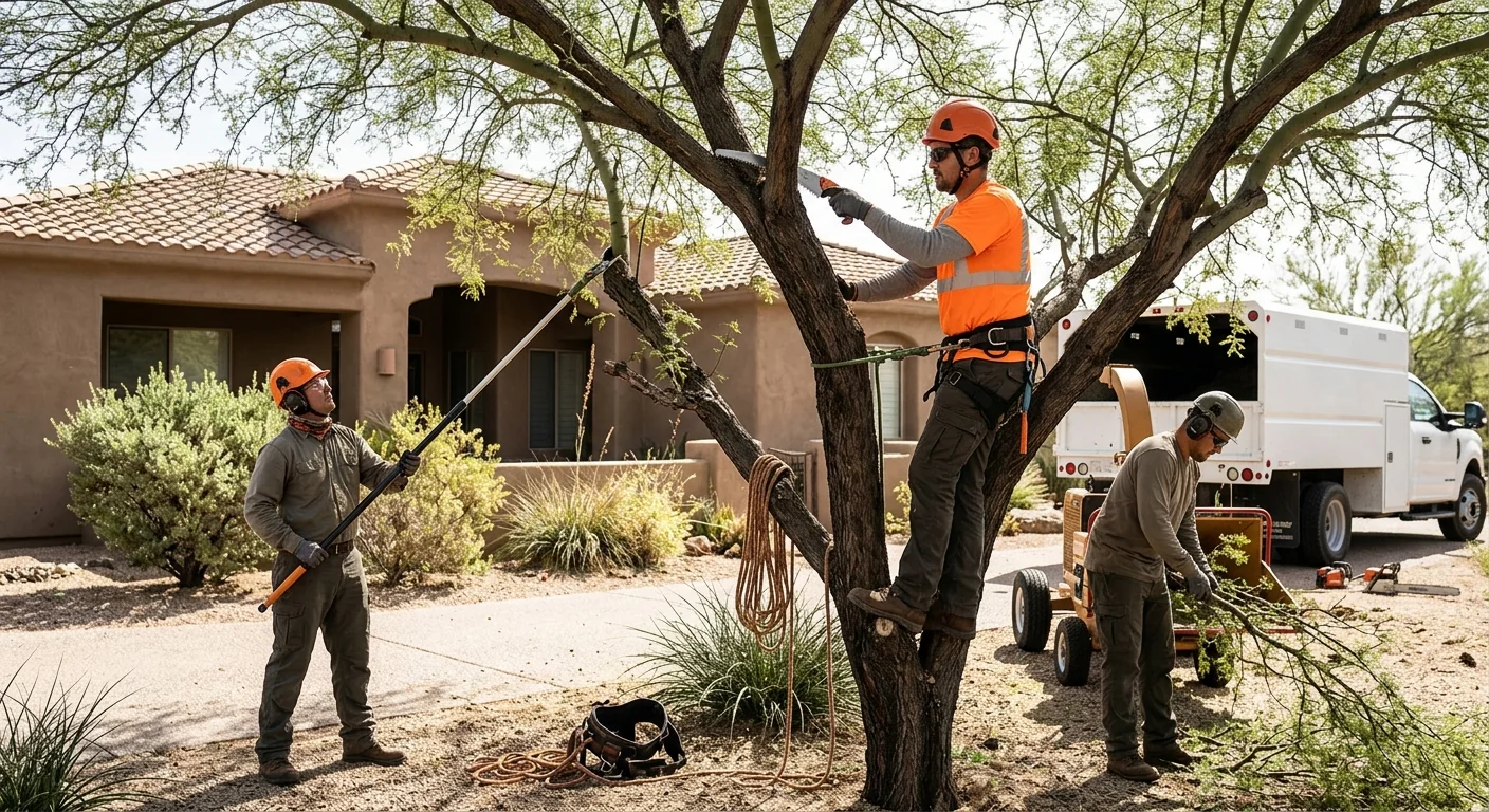 Arborist reviewing canopy and pruning plan before trimming a mature desert tree