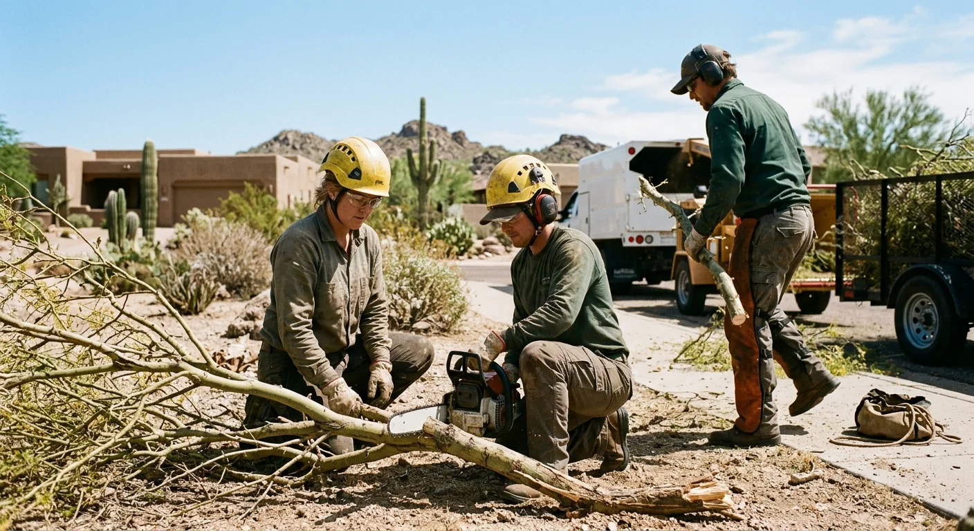 Arborist trimming a mature tree canopy at a Cave Creek desert property