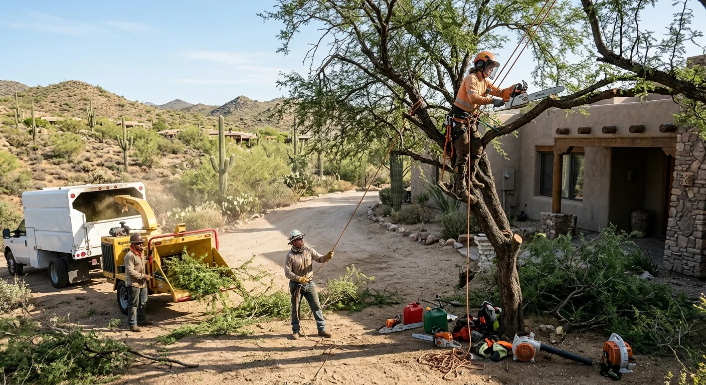 Certified arborist trimming desert tree canopy near a Cave Creek home