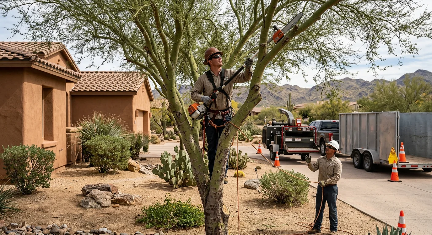 Arborist trimming a desert canopy tree on a Cave Creek residential property