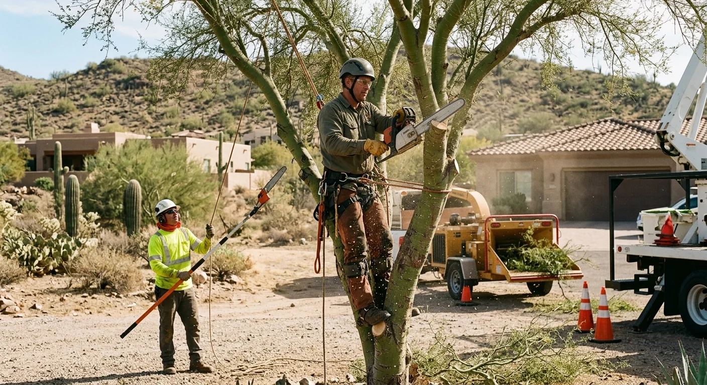 Arborist performing crown thinning cuts on a desert tree in Cave Creek